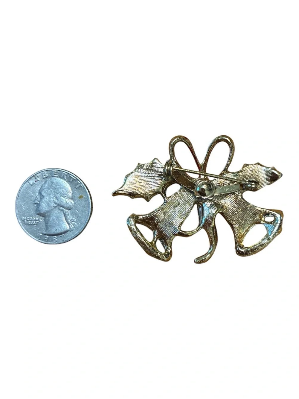 Vintage Gold Tone Bell Brooch with Red Bow and Green Leaves